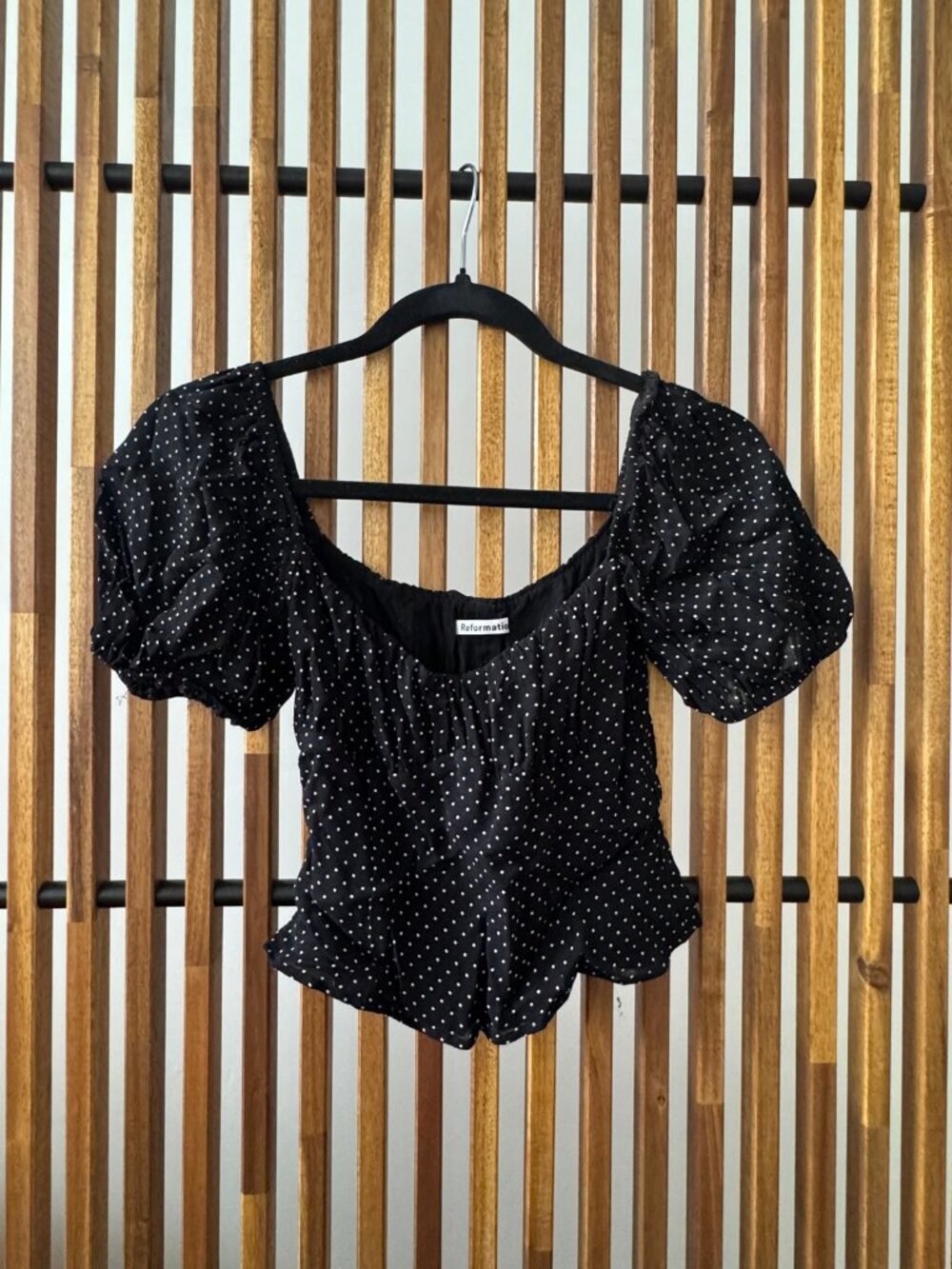 Reformation Black Polka Dot Puff Sleeve Crop Top
